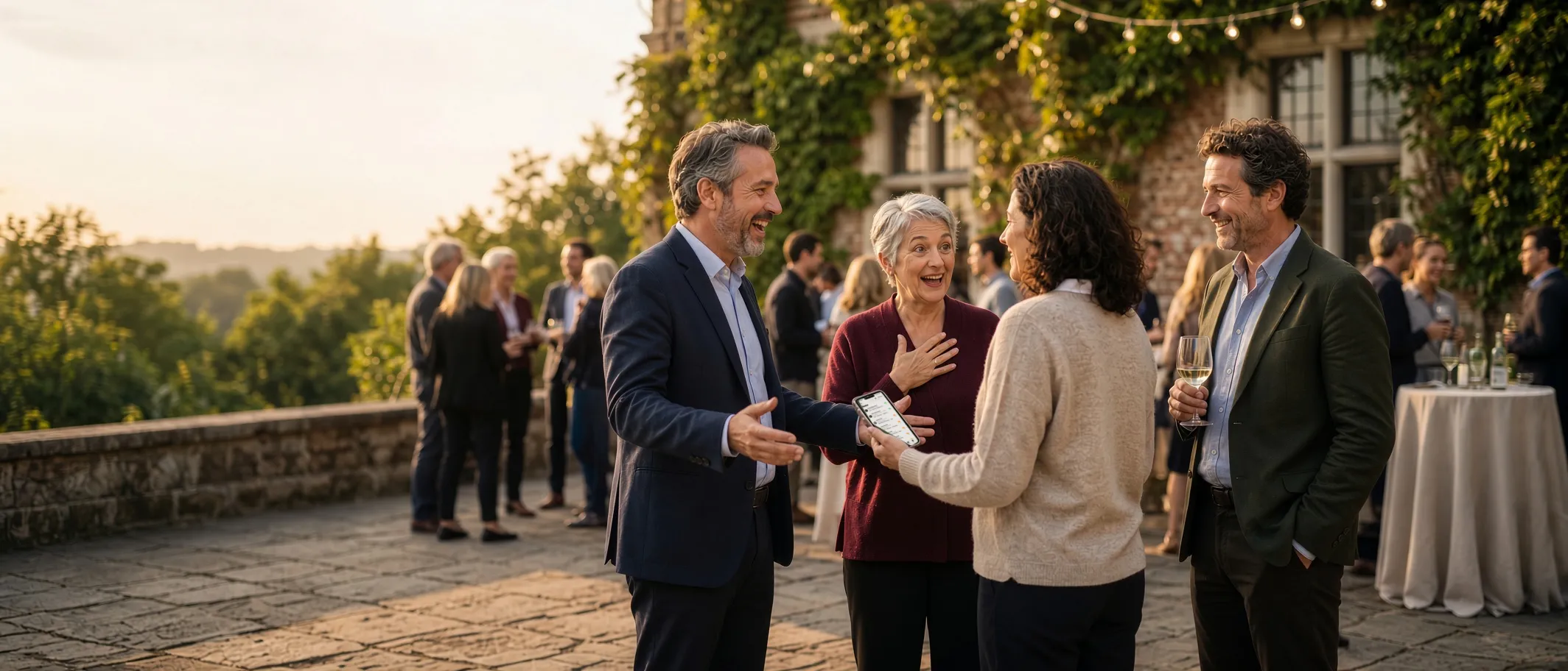 A woman laughing as old classmates welcome her into their circle on a terrace at golden hour