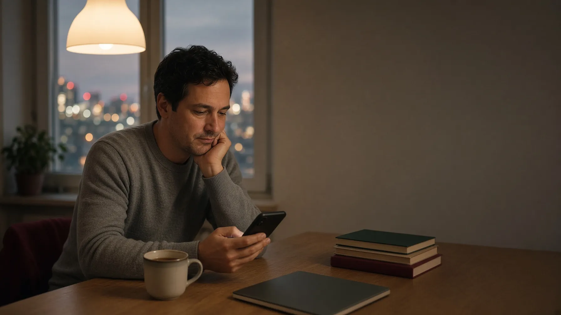 A man at his kitchen table at night, thumb hovering over his phone before sending a message