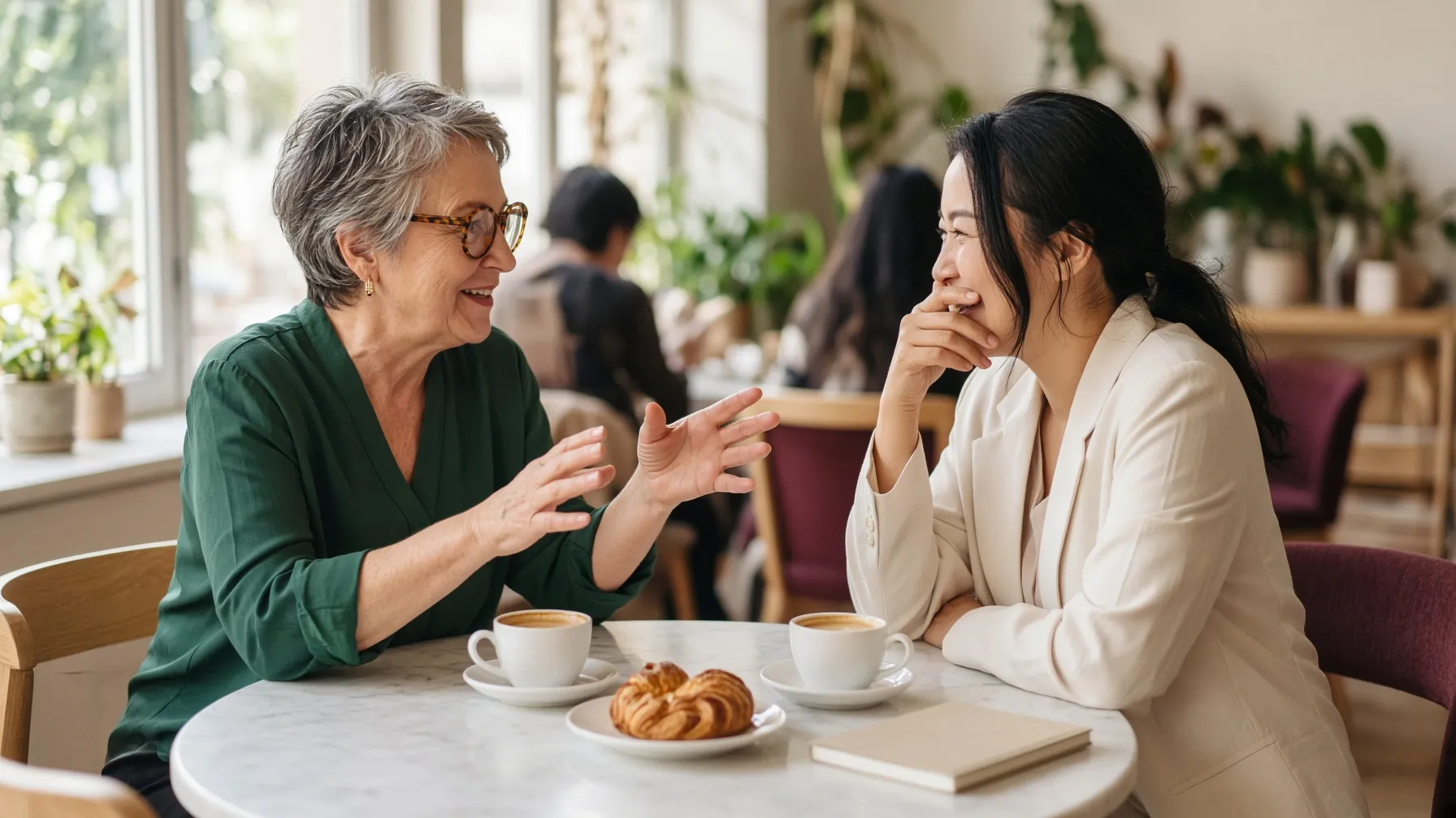 Two former colleagues catching up over coffee in a bright café