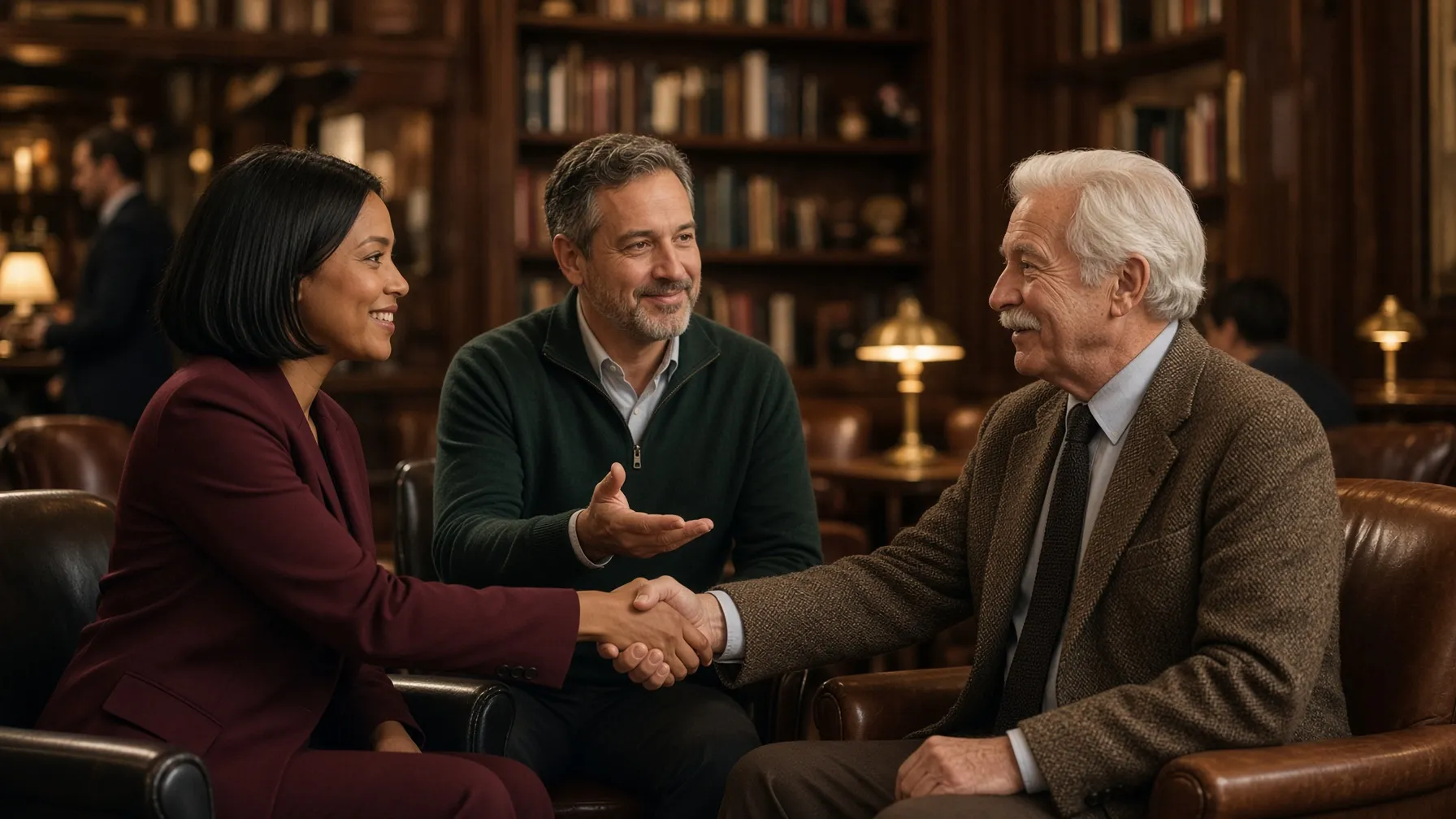 A man introducing two people in a warm club lounge as they shake hands