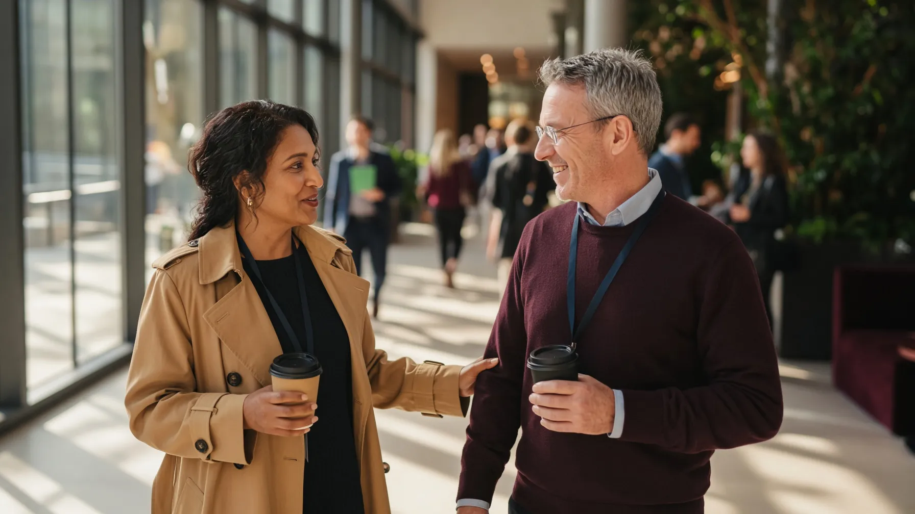 Two people recognising each other with delight in a sunlit conference hallway