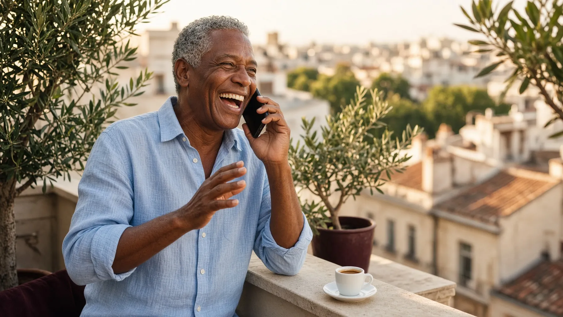 A man laughing on a phone call on a sunny balcony