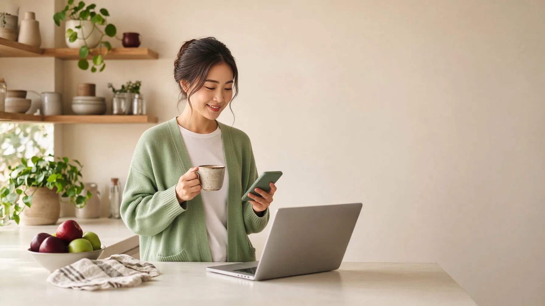 A woman with a mug of coffee glancing at her phone in a calm morning kitchen
