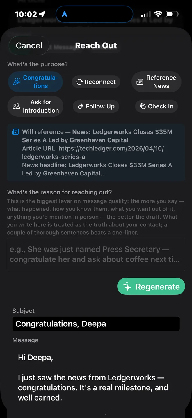 A congratulations message Pulse drafted for the contact