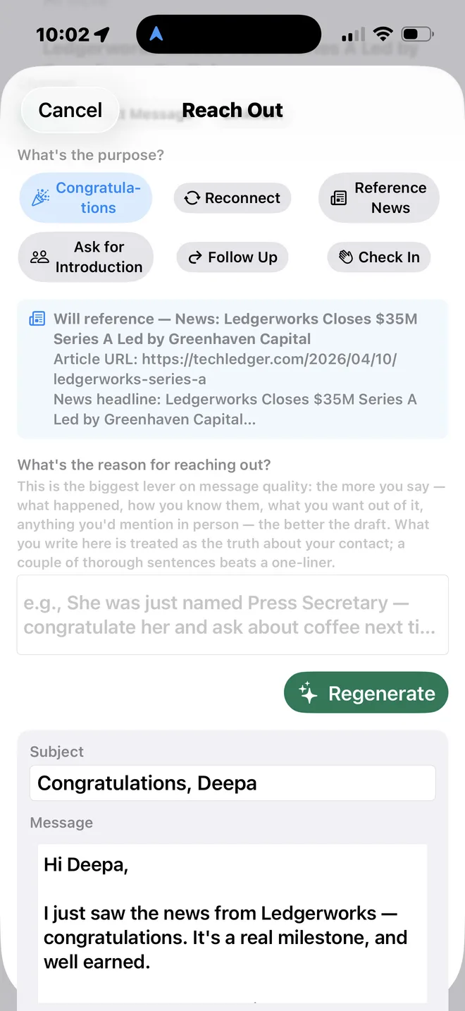 A congratulations message Pulse drafted for the contact